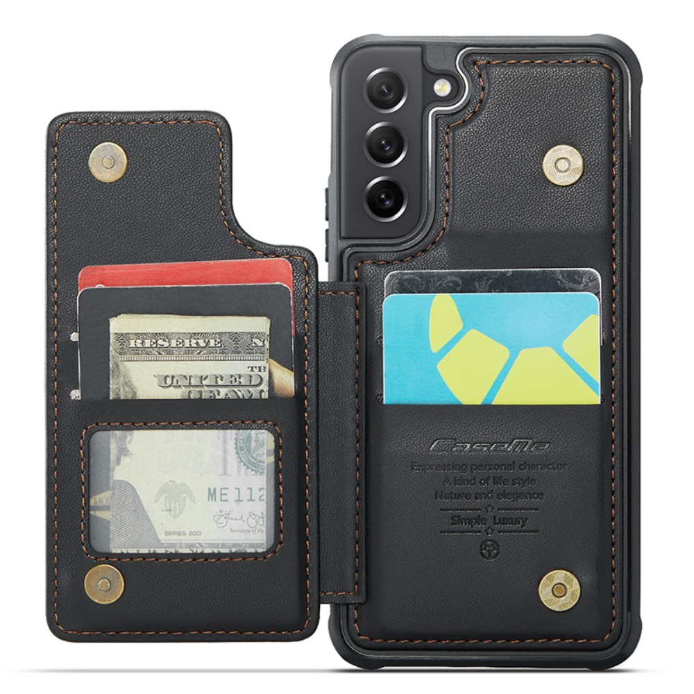 Samsung Galaxy S21 FE 5G Leder Hülle mit Kartenfächern im Litchi Look   Kickstand (RFID Schutz) - Schwarz