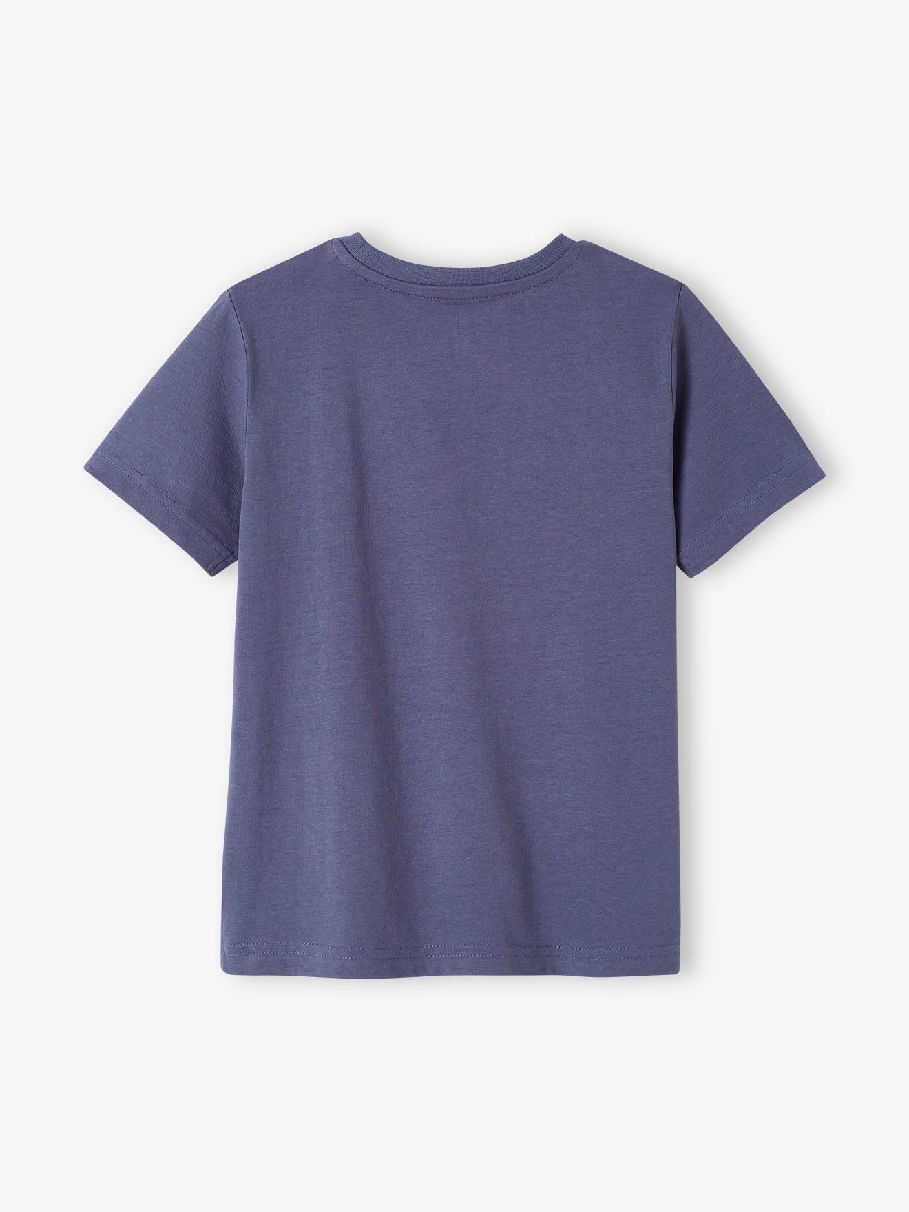 Camiseta de manga curta com mensagem para meninos, lisa, azul claro com estampas.