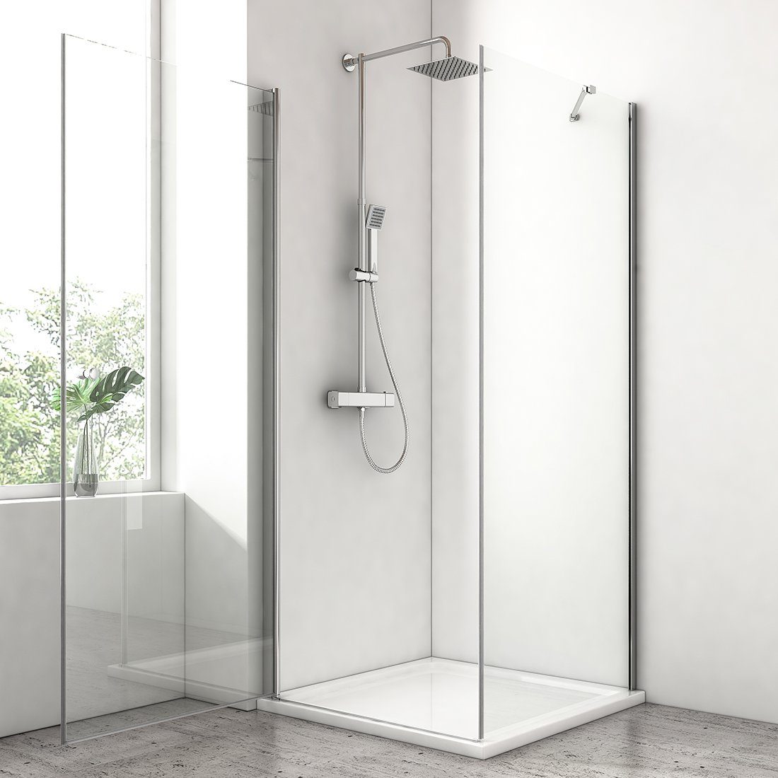 EMKE Hoekdouchecabine 75 x 80 cm met scharnierende deur en zijpaneel – 6 mm gehard veiligheidsglas, half omlijst, eenvoudig te reinigen, 185 cm hoog