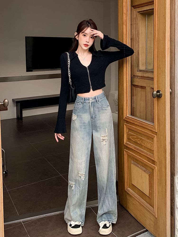 Wisjam - High Rise Ripped Washed Wide Leg Jeans