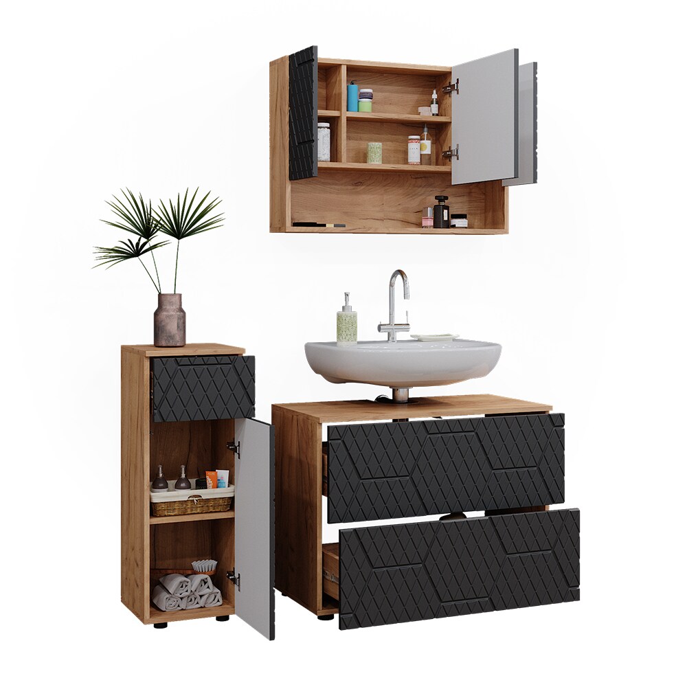 Vicco Badmöbel-Set Irma Eiche Anthrazit 3-teilig Midischrank 81 cm Waschbeckenschrank 80 cm