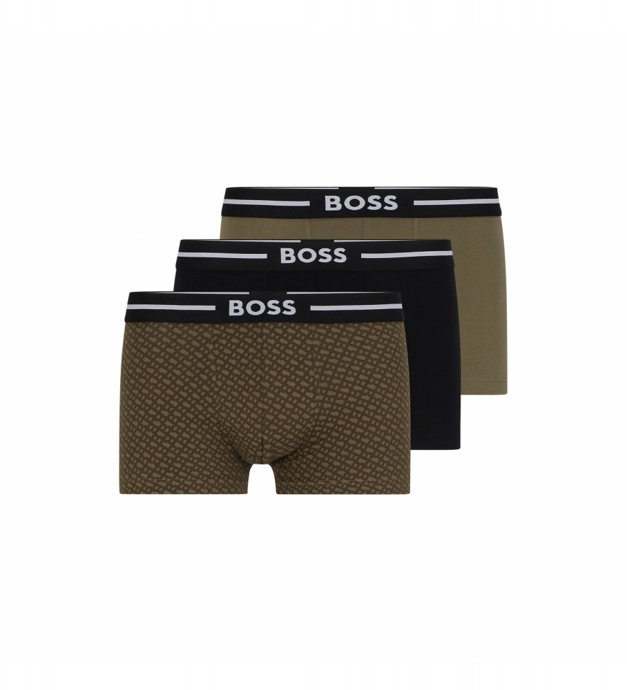 Cuecas Boxer BOSS Pack com Design Arrojado, pacote com 3 unidades, pretas e verdes.