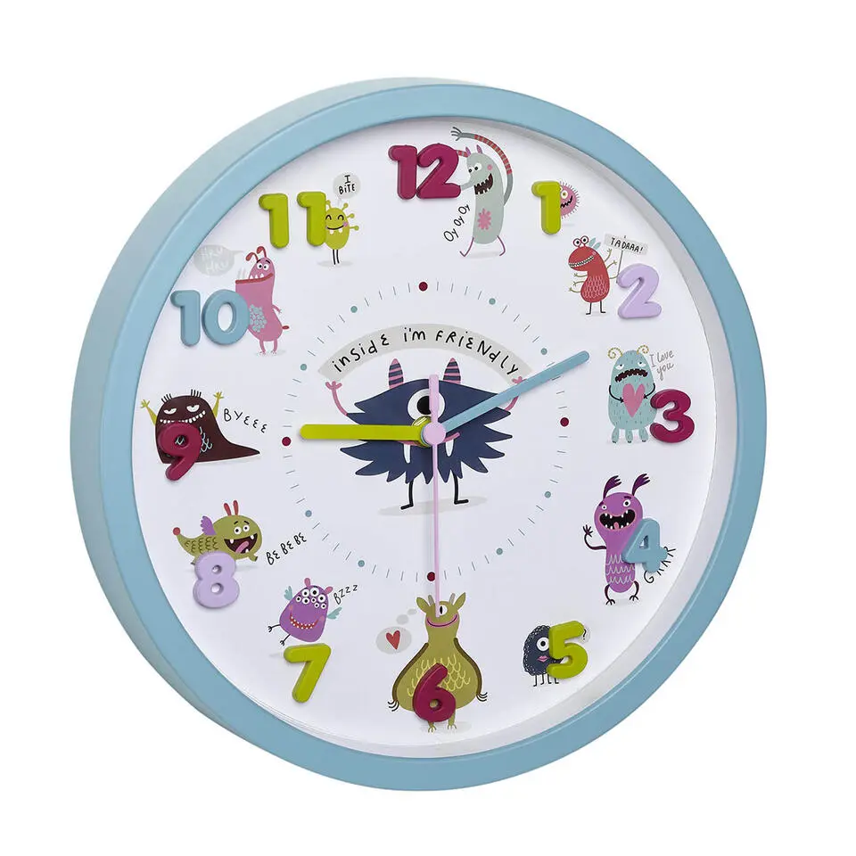 TFA Kinderkamer wandklok - monsters - turquoise - D30 cm - rond