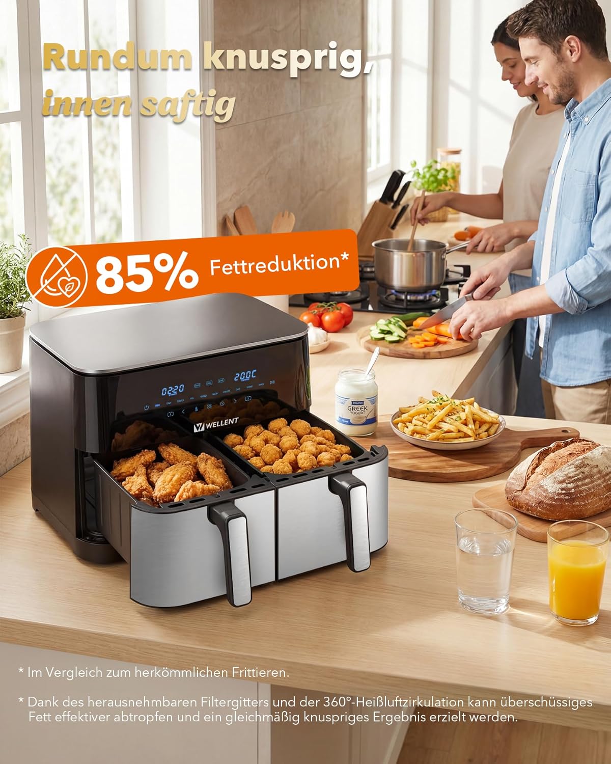 Heißluftfritteuse 2 Kammern, 2600W 11L Airfryer XXL(4+7L) WELLENT 10-in-1 Heissluftfritteuse Doppelkammer Air fryer Dual Zone mit Touchscreen, Match & Synchronisierungsfunktion, spülmaschinenfest