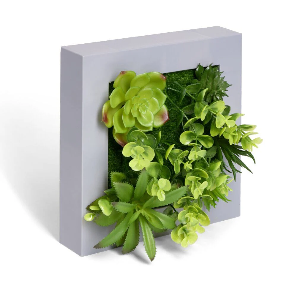 Plante artificielle décoration murale cadre bois gris 20x20cm