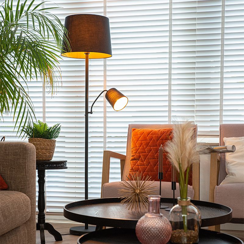 Klassieke vloerlamp zwart met goud en leeslampje - Retro