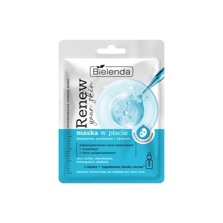Bielenda RENEW YOUR SKIN Blattmaske – intensive Feuchtigkeitsversorgung und Beruhigung, 1 Stück