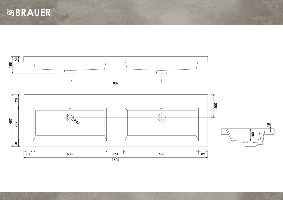 Brauer Solar Medium dubbele wastafel mineraalmarmer 160cm zonder kraangaten wit mat