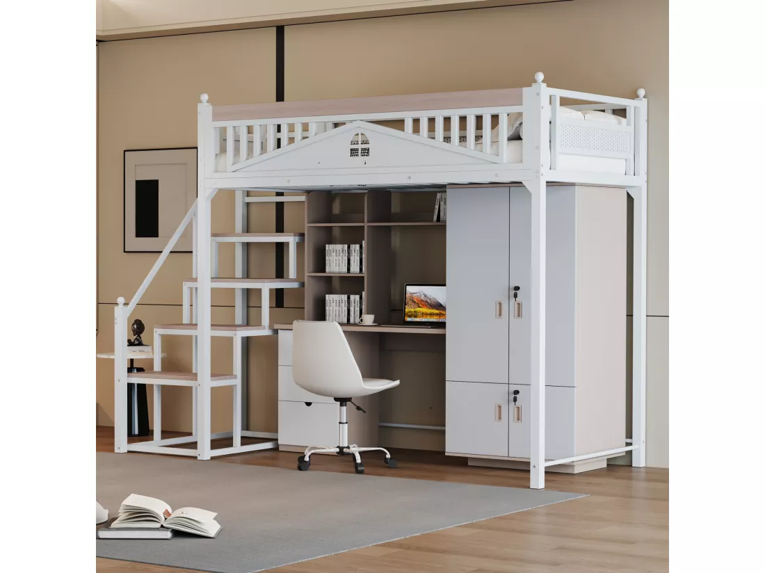 Lit mezzanine 90 x 200 cm avec escalier - Métal + Contreplaqué + MDF - Sommier à lattes - Blanc