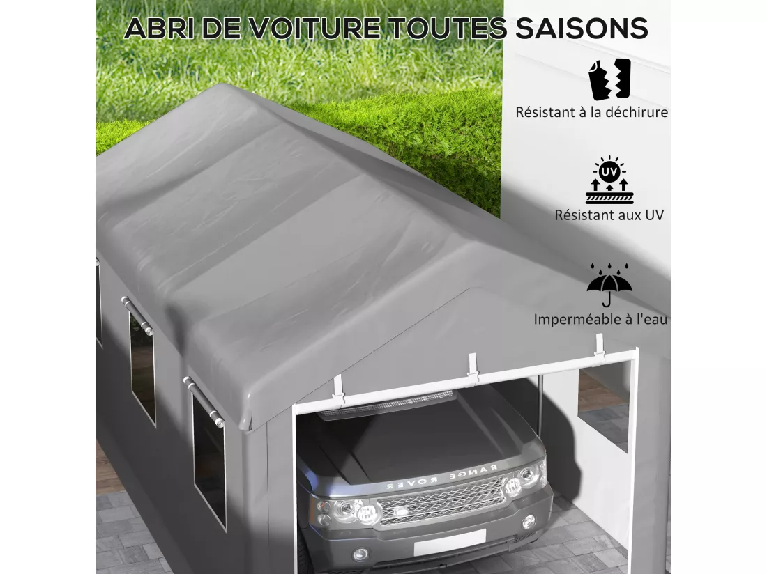 Tente garage carport dim. 6L x 2,95l x 2,78H m acier galvanisé PE haute densité 2 portes 6 fenêtres gris