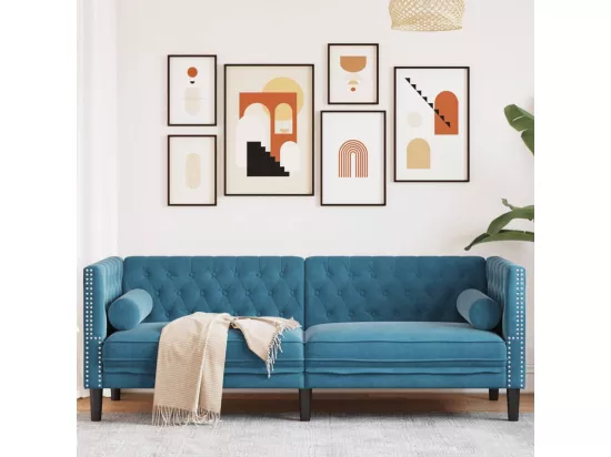 Canapé Chesterfield avec traversins 3 places bleu velours