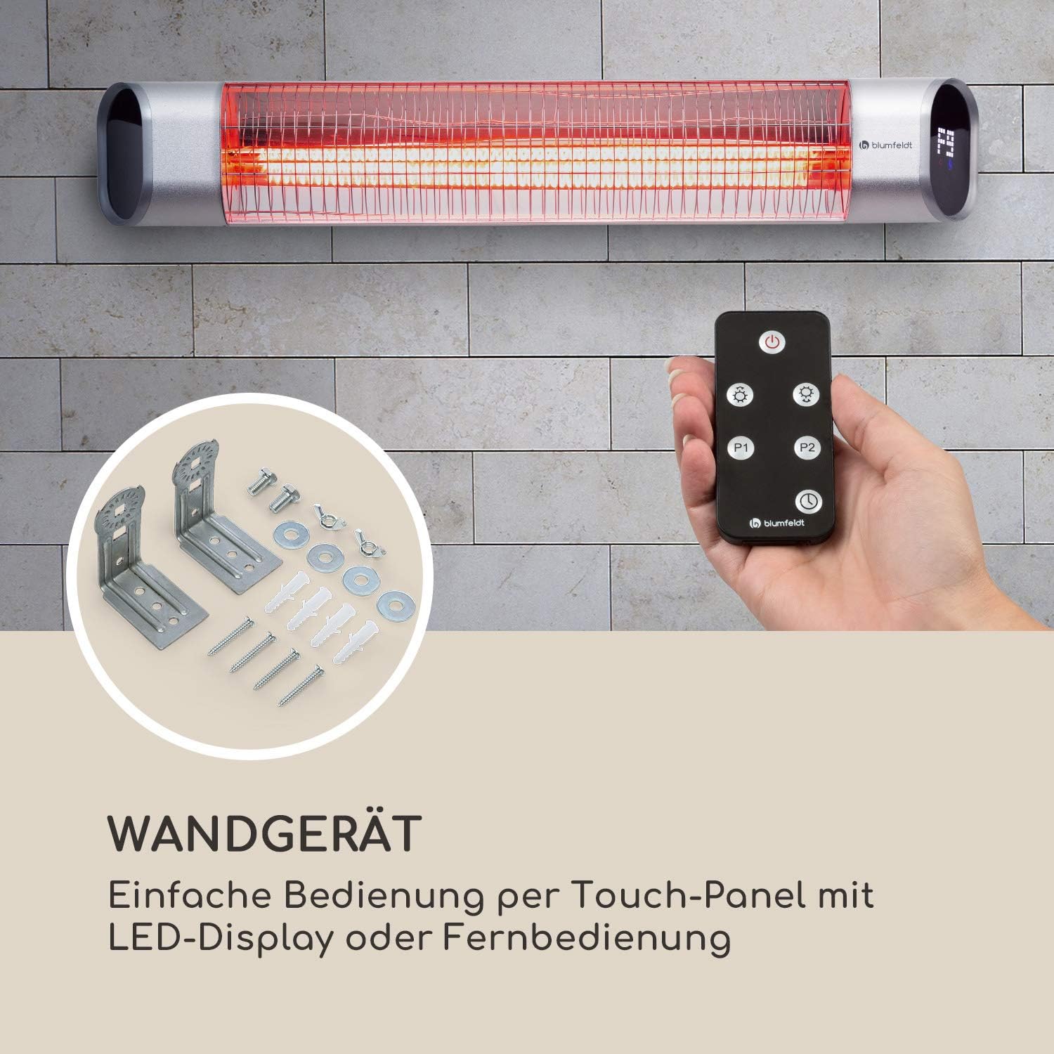 Blumfeldt Dark Wave Infrarotstrahler, Heizstrahler Terrasse, MinimalGlare Heating Tube: Goldbeschichtete Carbonröhre, 9 Heizstufen, Timer, IP65, LED-Display, Deckenheizstrahler mit 2000 W, silber