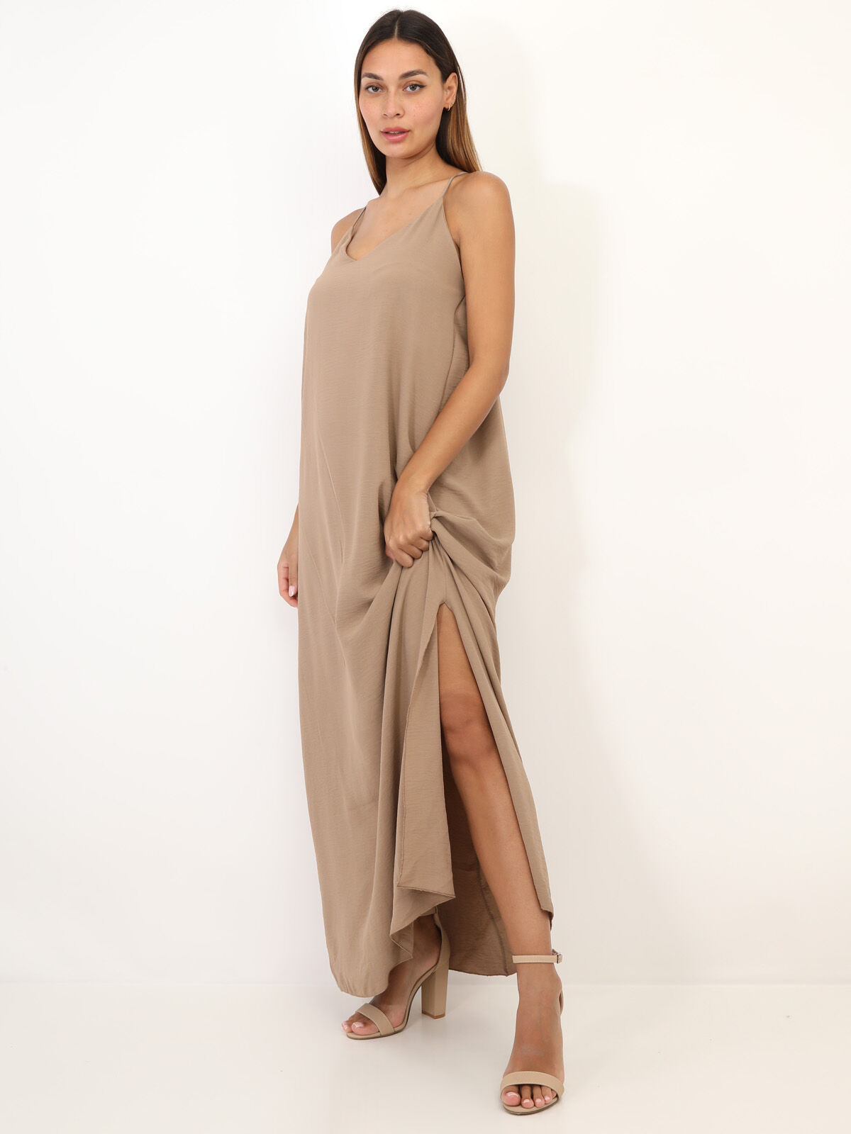 Robe longue fendue à dos croisé- Camel
