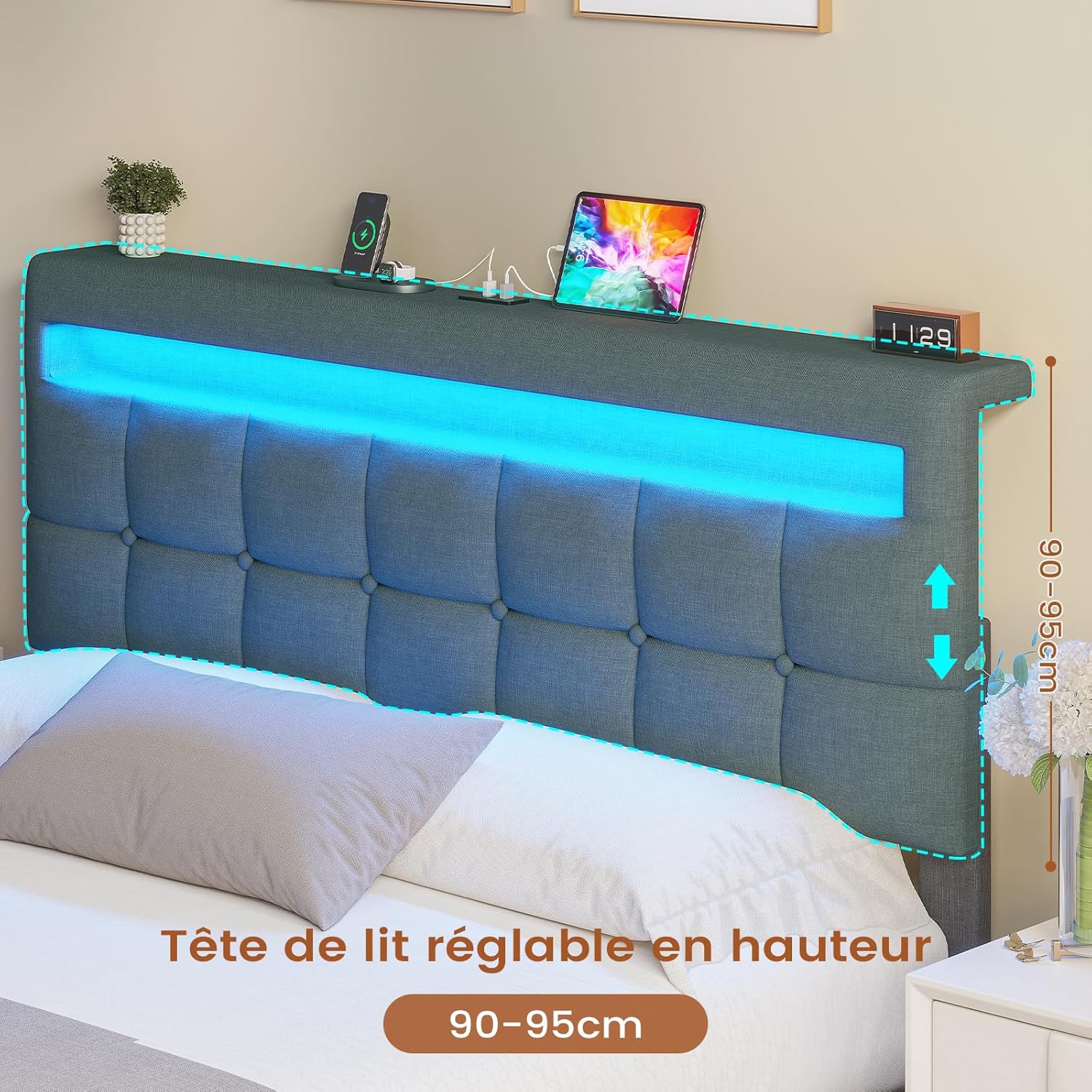 AOGLLATI Hydraulisch Stauraumbett 140×200cm, Polsterbett Doppelbett mit LED und USB-Ladefunktion, Funktionsbett Bettgestell mit Stauraum und Lattenrost, Linen,Ohne Matratze, Dunkelgrau