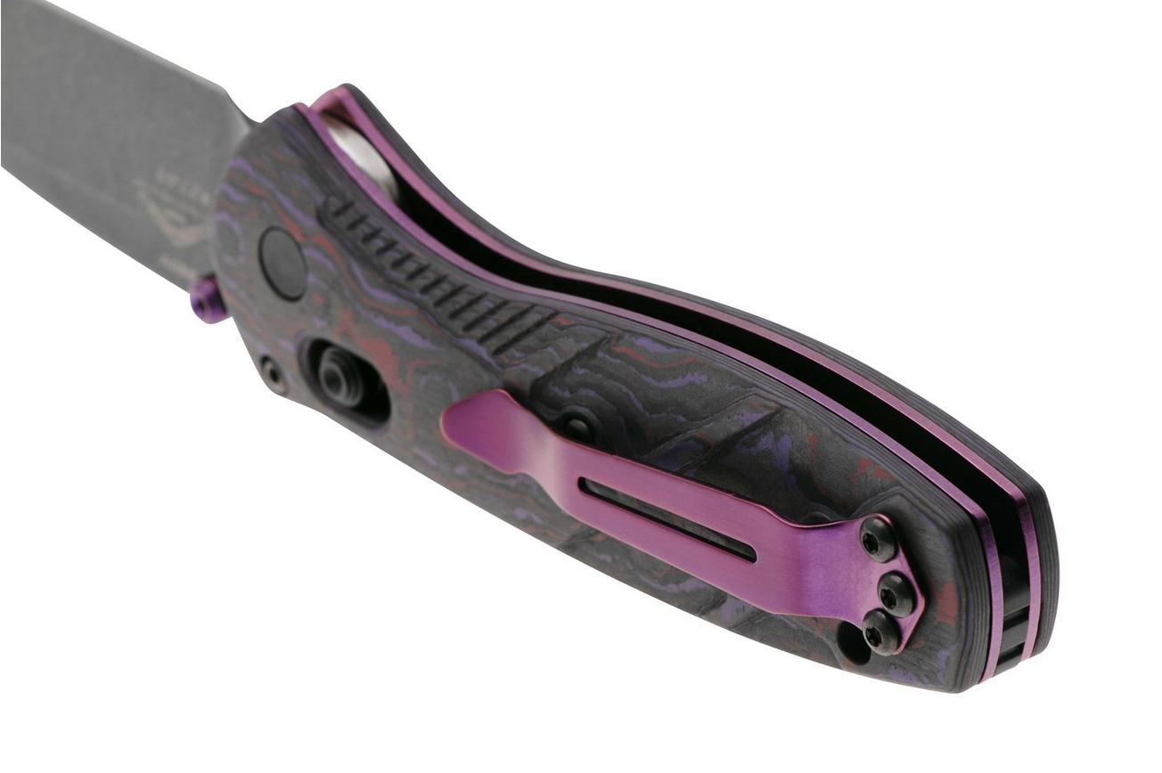 Benchmade Mini Barrage 585BK-251 Black DLC Battlewash CPM S90V, Purple Haze FatCarbon, Gold Class 2025 Limited Edition, zakmes