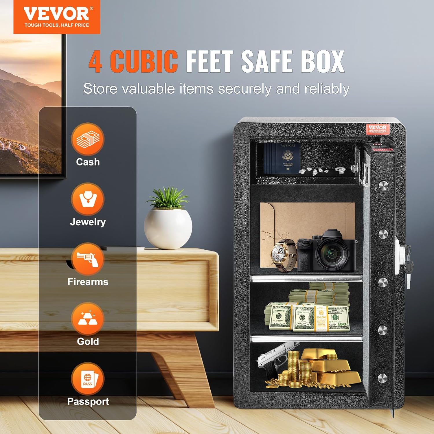 VEVOR Safe Tresor mit feuerfester Geldtasche, Einzeltür-Safe 4 Kubikfuß, 2 Trennwände, digitaler Möbeltresor mit Schlüssel Code, Wertsachenbox für Geld Schmuck, Geldtresor Schwarz
