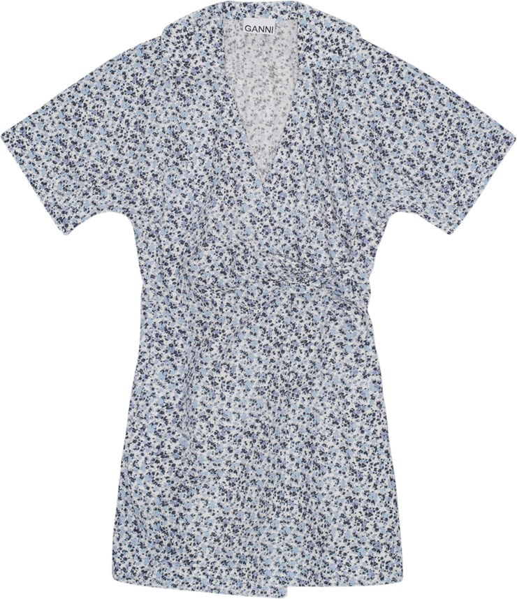 Ganni Printed Cotton Wrap Mini Dress Glacier lake