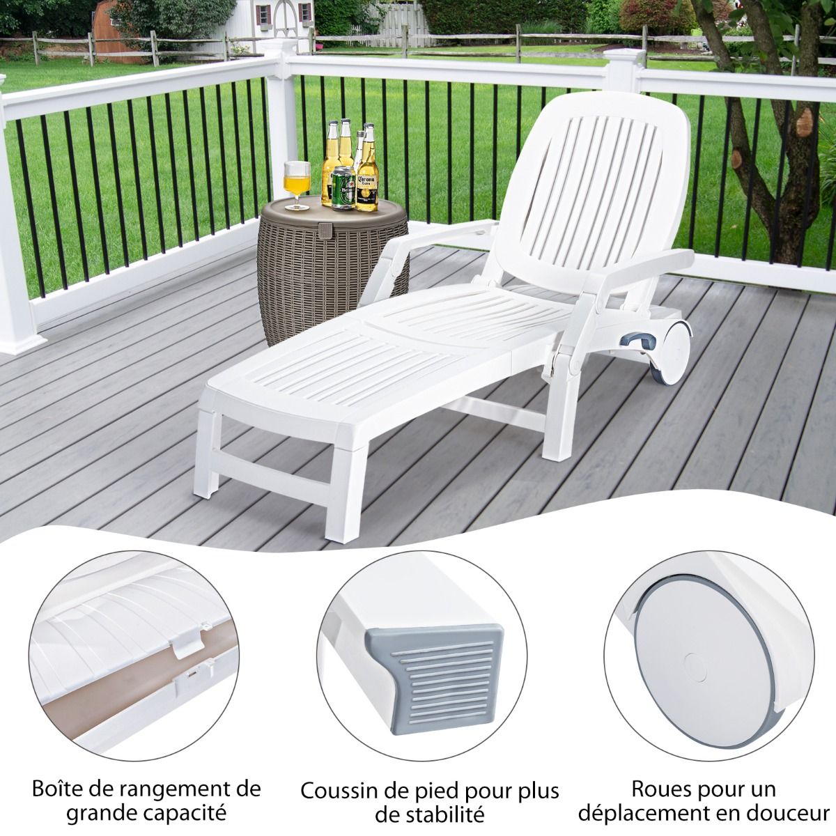 Chaise Longue Inclinable Réglable à 5 Positions avec Roues Flexibles Fauteuil Relax de Camping avec Boîte de Rangement Charge 150KG Blanc - Lidl-Manfred