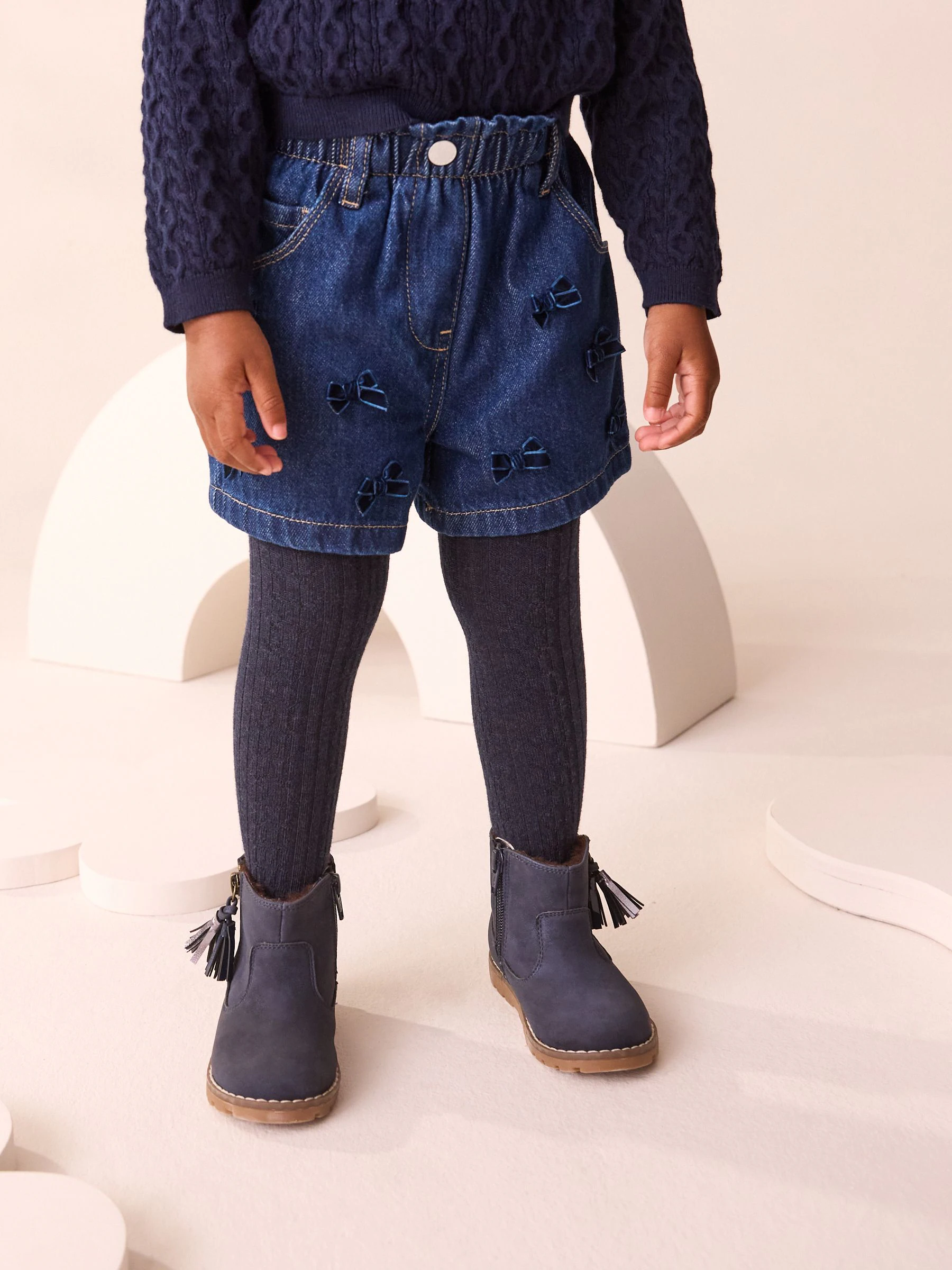 Blauw - Denim Bow Shorts and Tights Set (3mths-7yrs)