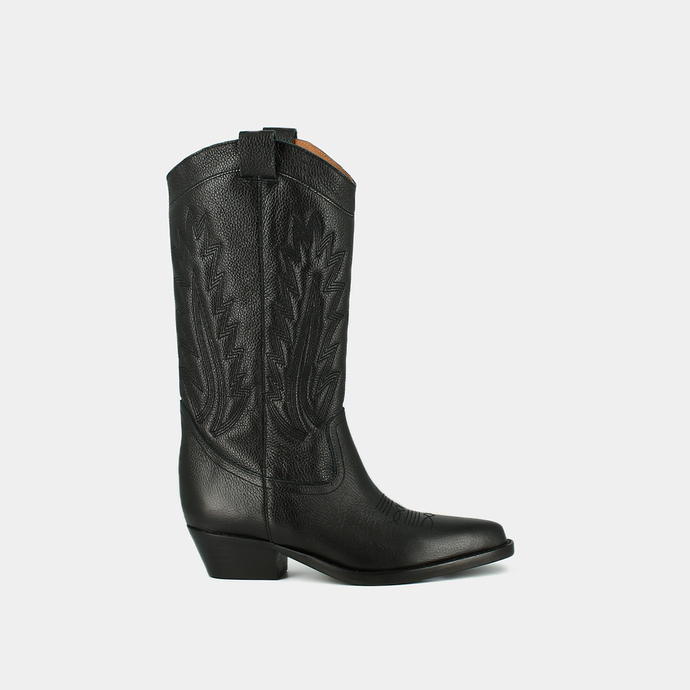 Bottes à bouts pointus et surpiqures apparentes  en cuir grainé noir