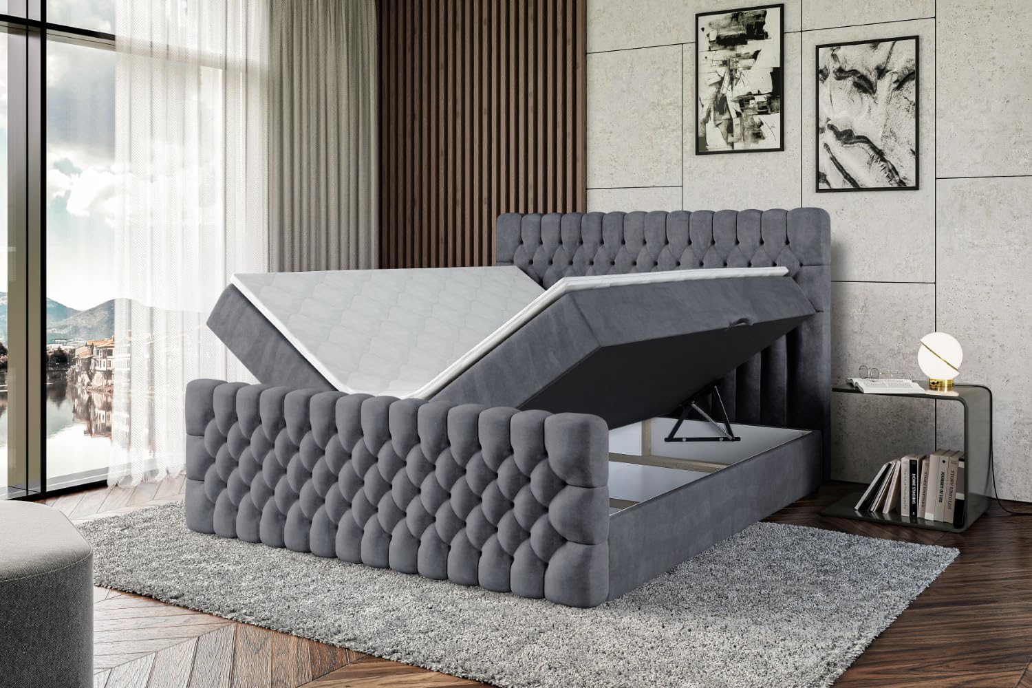 ALTDECOR Boxspringbett mit Matratze und Lattenrost, Boxbett, Topper, Fußteil, Polsterbett mit Bettkasten, Bett mit Stauraum H3-Matratze, Springboxbett -Serene-Z - 180x200 - Dunkelgrau Samt