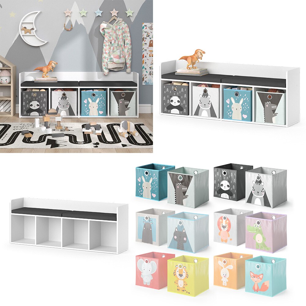Vicco Sitzbank Kinderzimmerbank Kinderregal Luigi Weiß 142x53 cm modern Faltbox Kinderzimmer Regal Aufbewahrungsregal Bücherregal Lesebank Spielzeugaufbewahrung Organizer Regal-Bank-Kombi 4 Fächer