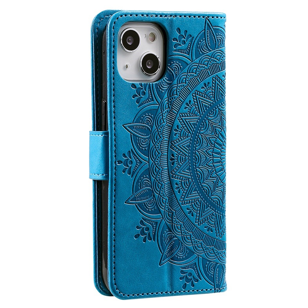 iPhone 14 Leder Tasche Wallet - Mandala Flowers Imprint - Blau