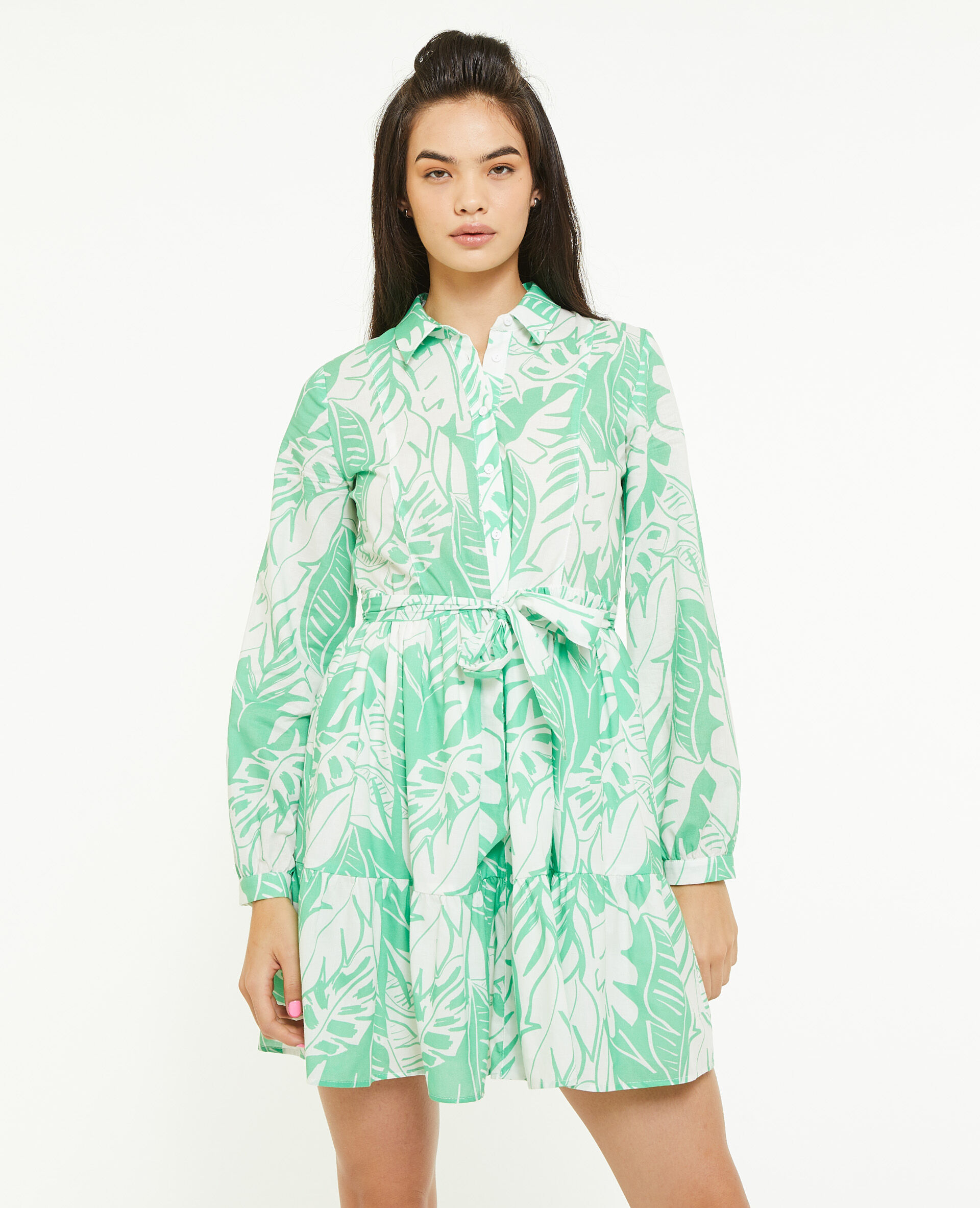 Robe chemise avec volants - Vert olive