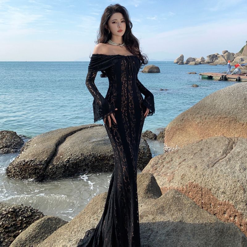 ZY·HT - Maxi-zeemeerminjurk met uitlopende mouwen, off-shoulder strepen en kanten rand