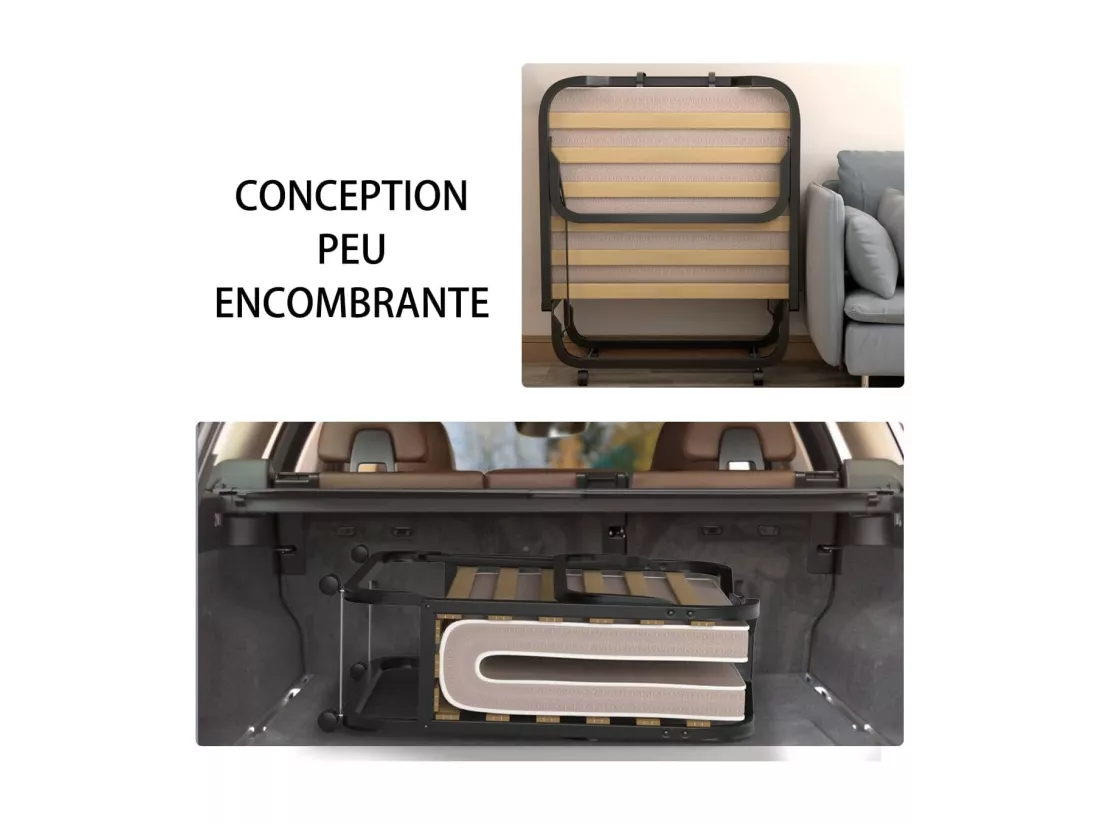 Lit Pliant 1 Personne Adulte 200x80CM (Fabriqué en Italie), avec Matelas en Mousse à Mémoire de Forme, Lit d’Apoint Pliable à 4 Roues et Sommier à 15 Lattes de Bois