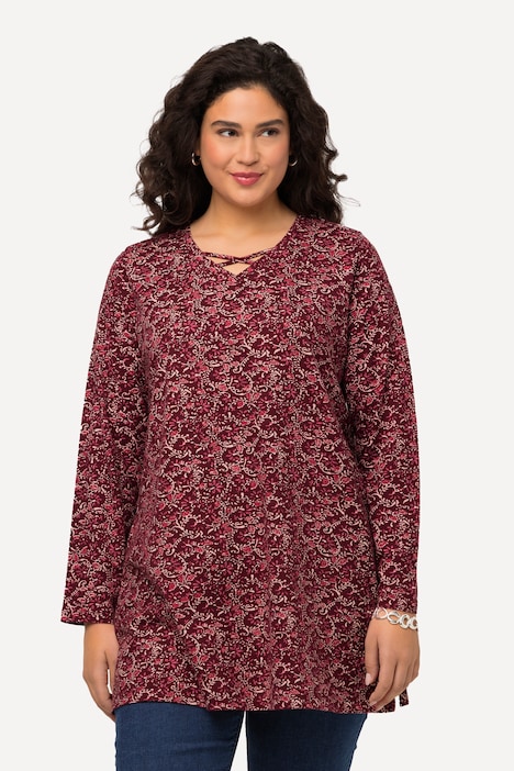 Longshirt, A-Linie, V-Ausschnitt mit Zierbändern, Langarm