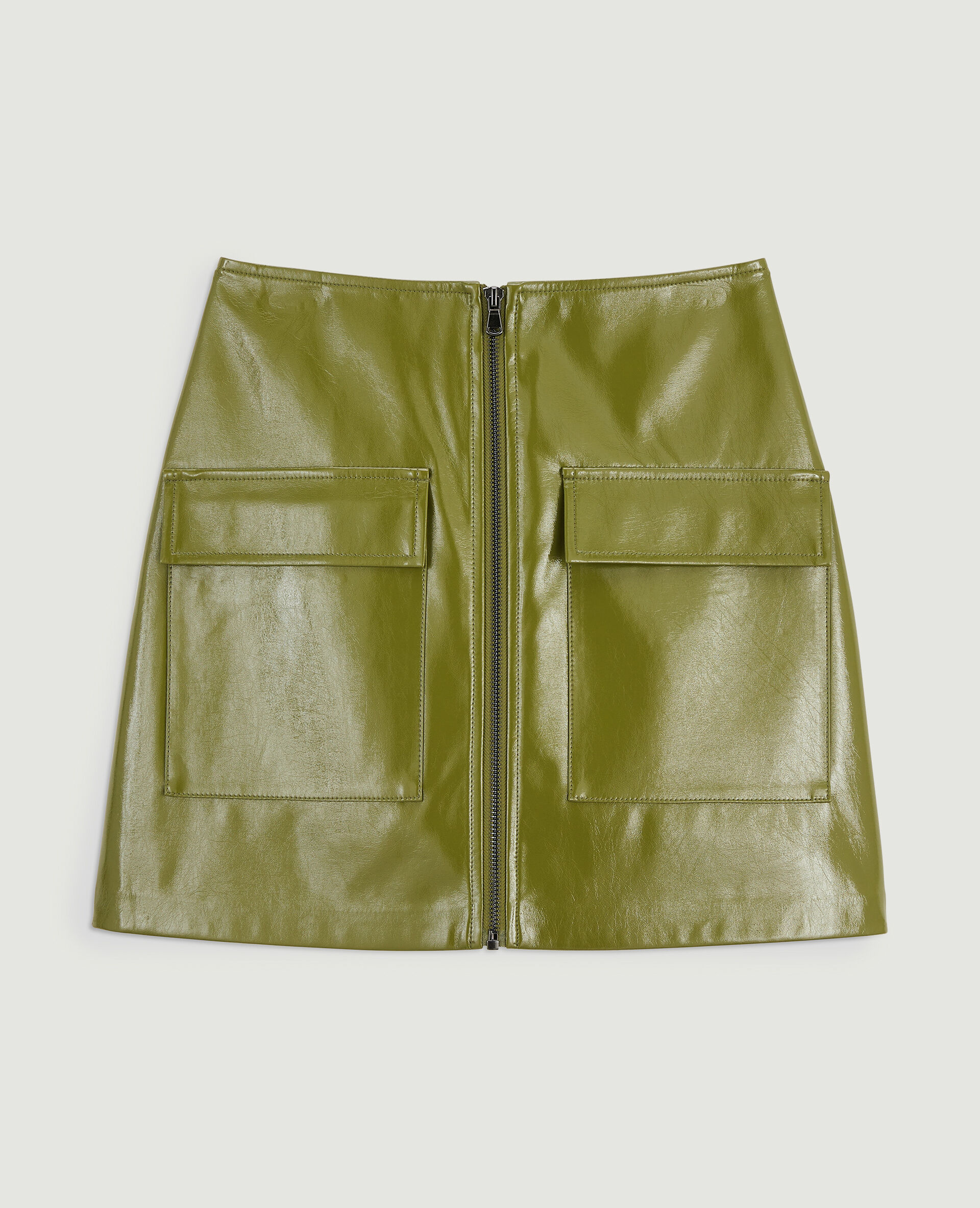 Jupe courte zippée en vinyle - Vert olive