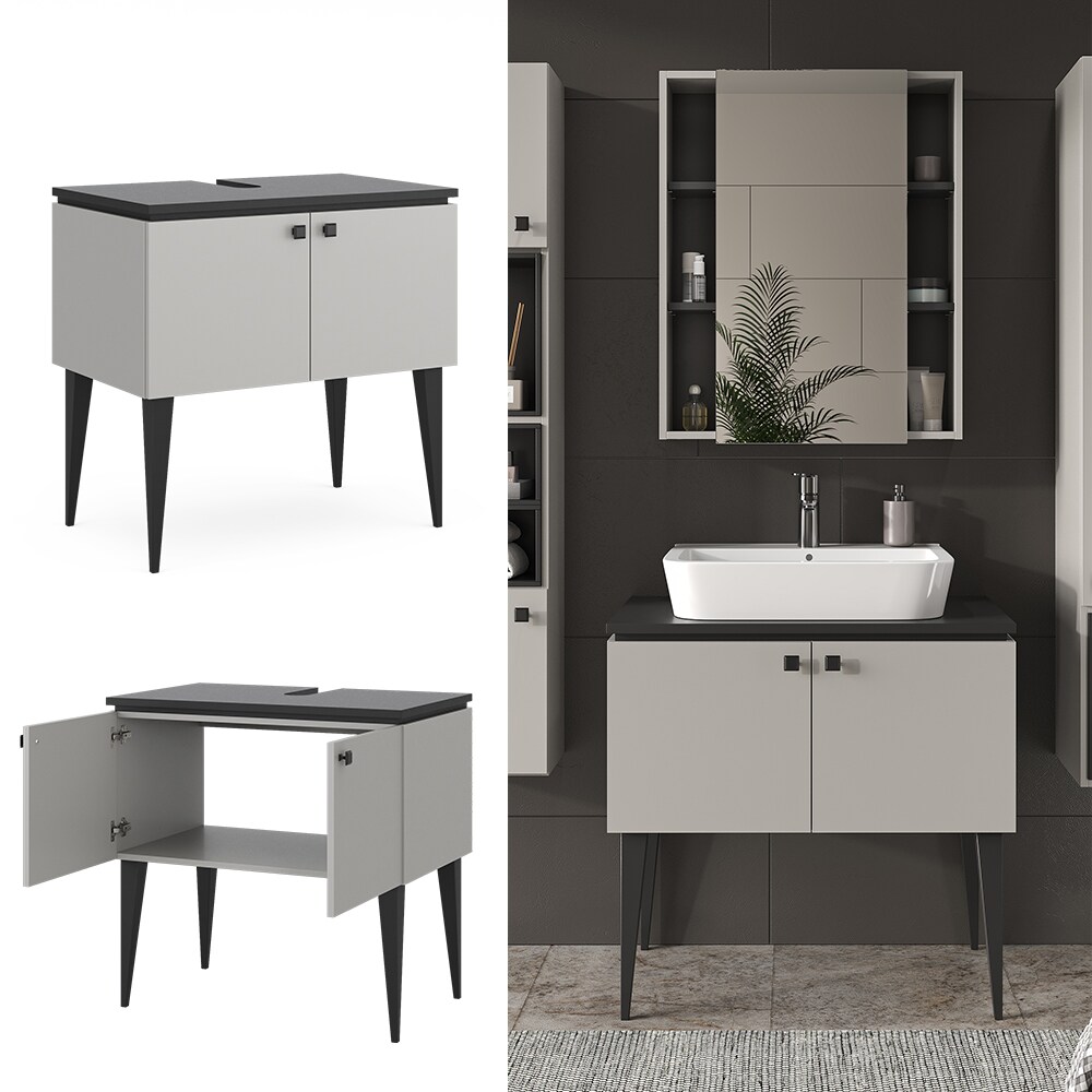 Vicco Waschtischunterschrank Gerta, 80 x 79 cm, Grau-Schwarz, Unterschrank Badezimmer