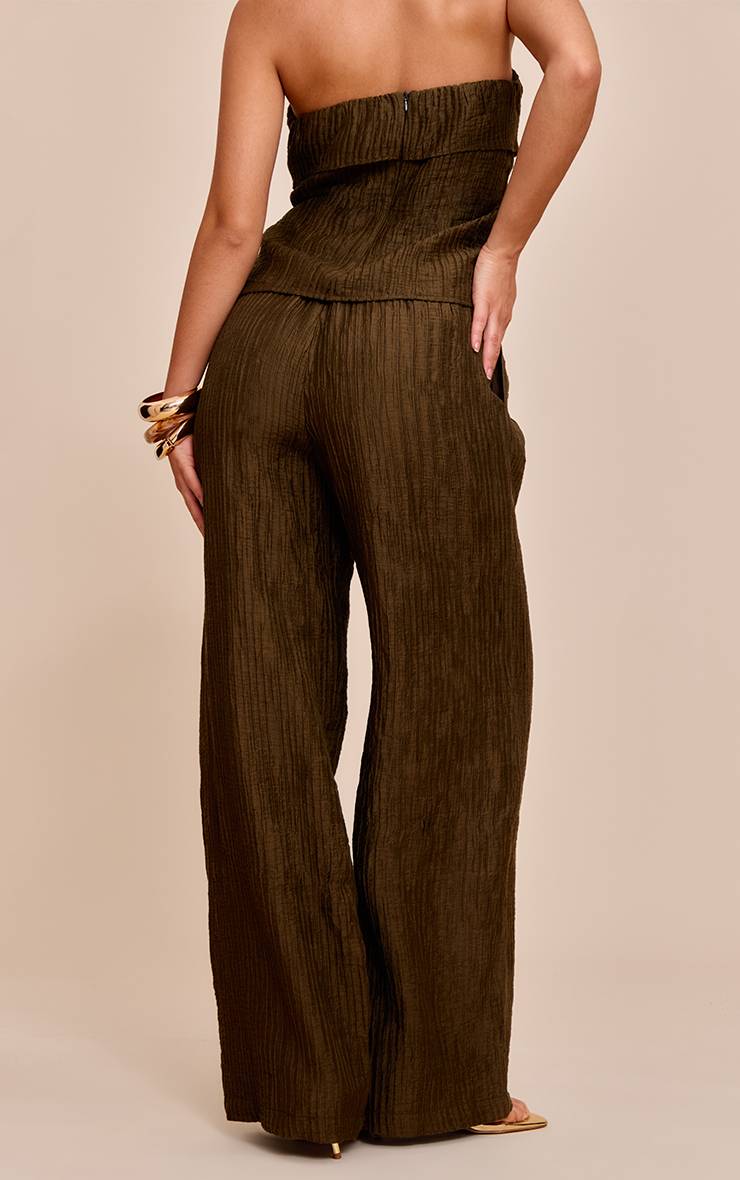 Kaki Pantalon Large Taille Mi-haute En Tissu Texturé Tissé