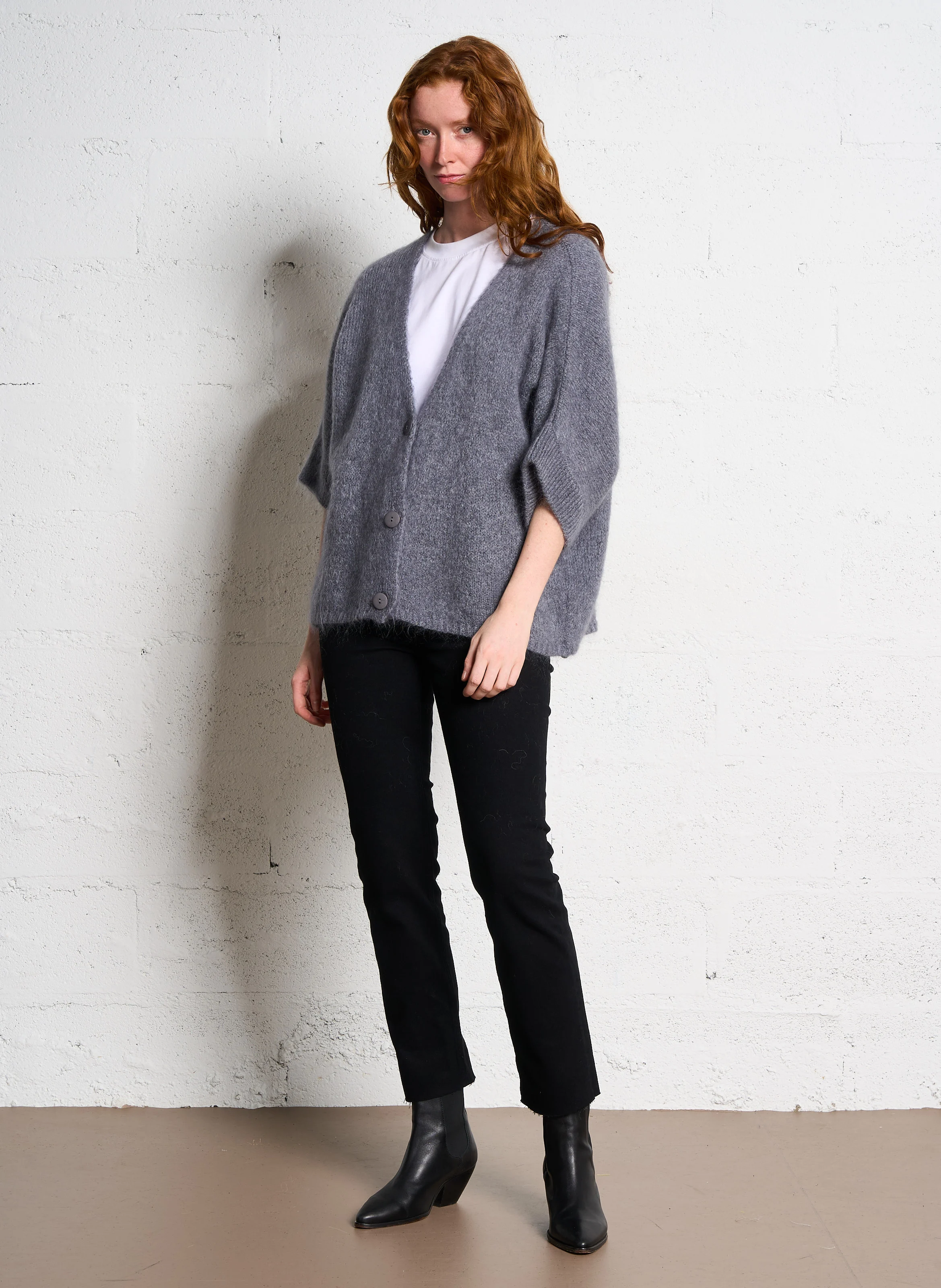 Gilet à col V ample en maille mélangée | Gris