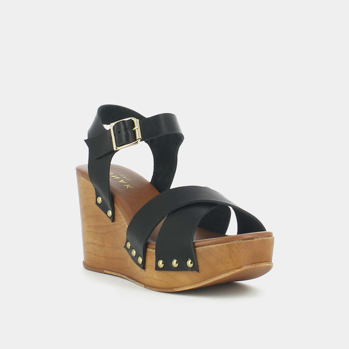 Sandales à semelles compensées et brides croisées  en cuir noir