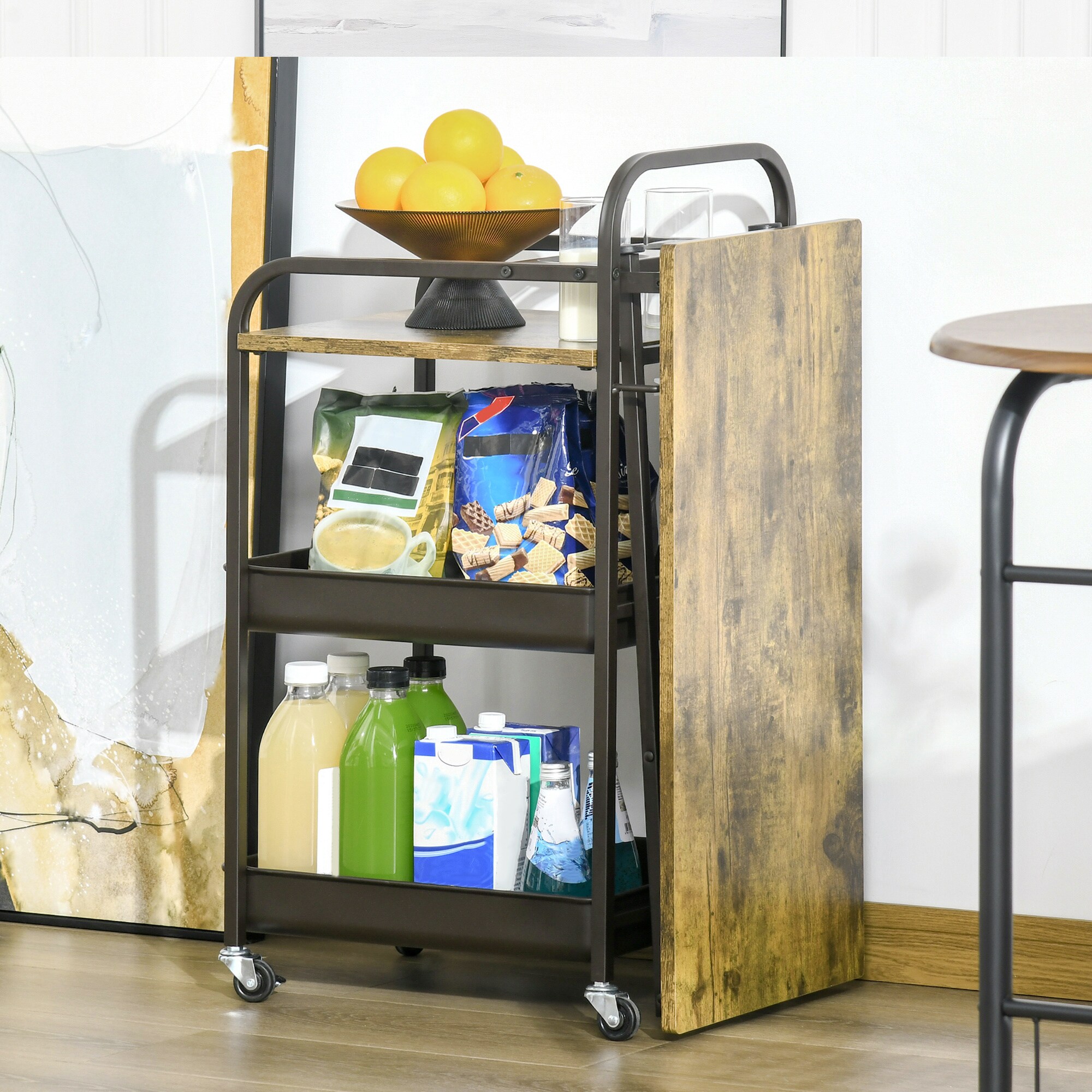 HOMCOM Servierwagen mit klappbarer Tischplatte rutikal-braun 118 x 36,5 x 82 cm (BxTxH)