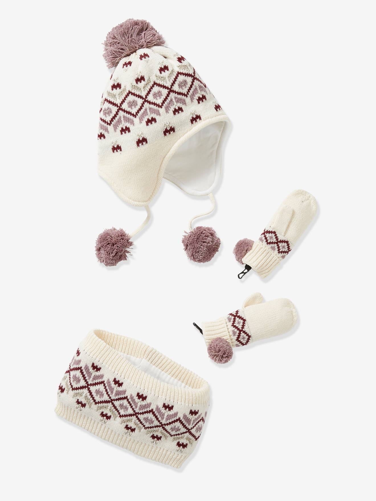 Conjunto infantil Oeko Tex® com gorro, cachecol e luvas em jacquard xadrez bege claro.