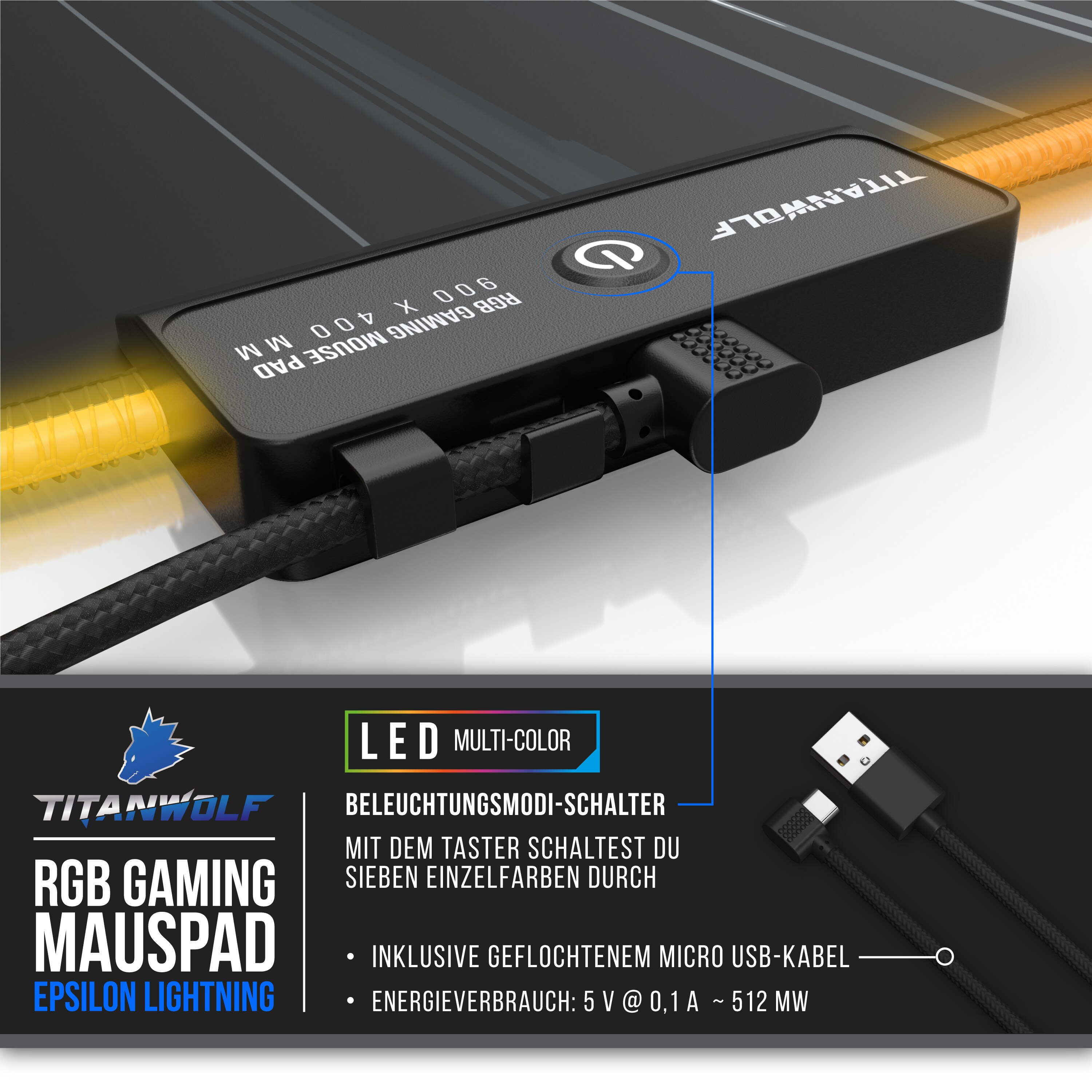 Titanwolf RGB Gaming Mauspad XL 900 x 400 mm Mousepad - verbessert Präzision & Geschwindigkeit