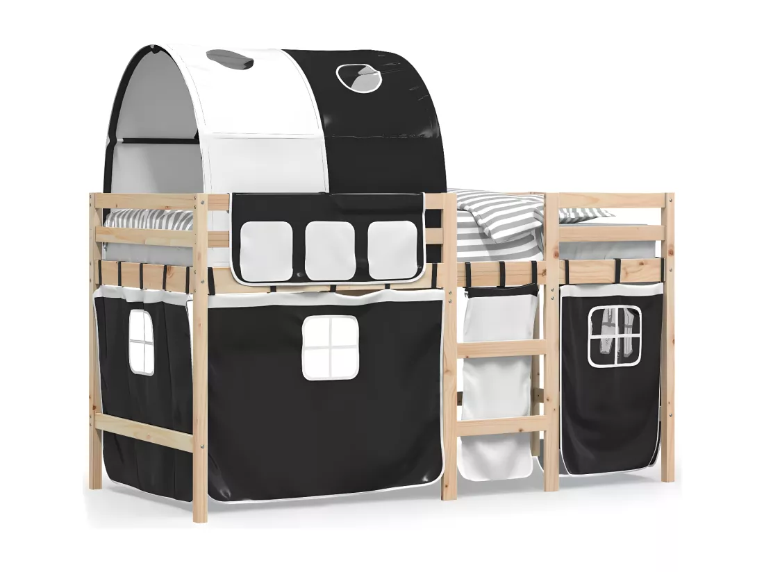 Lit mezzanine enfants et tunnel blanc/noir 80x200cm pin massif