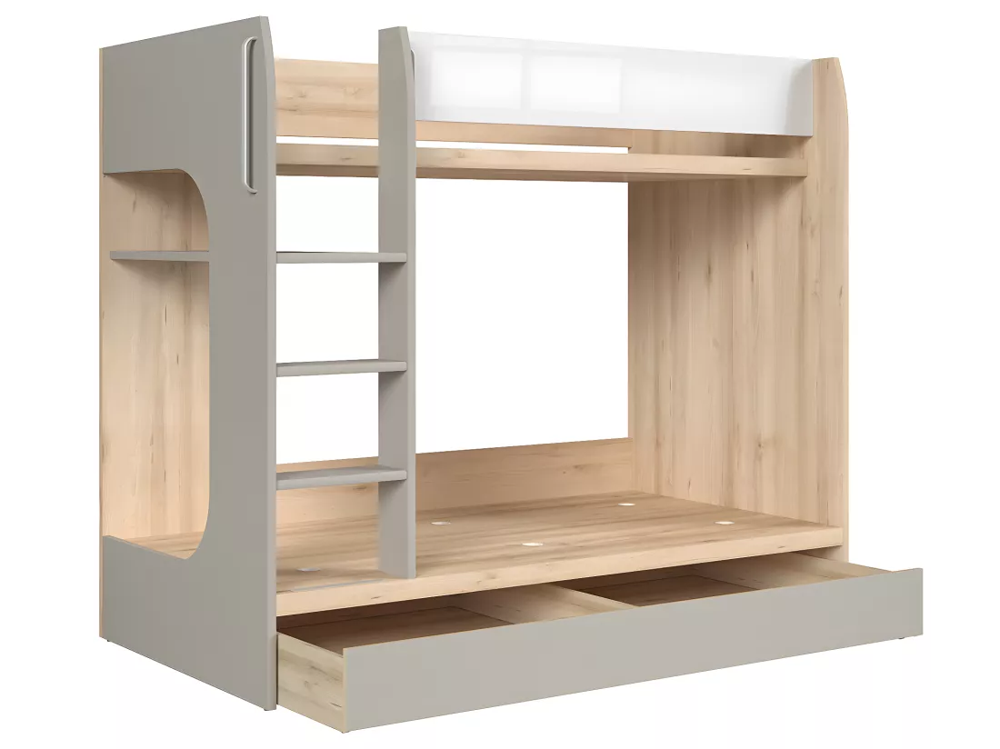 Lit superposé 80x180 sommier et tiroir inclus Stella Bois Gris et Blanc