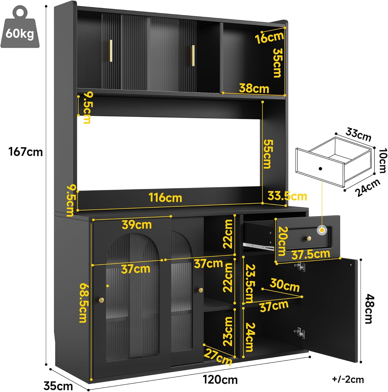 Küchenschrank, Hochschrank, Vitrinenschrank, Buffetschrank mit Verstellbaren Ablagen, Esszimmerschrank, Sideboard mit LED-Beleuchtung, Schwarz