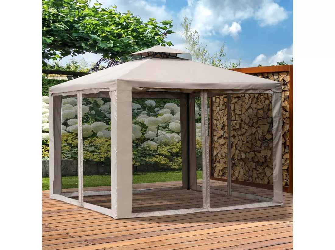 Pavillon de jardin tonnelle barnum style colonial double toit toiles moustiquaires amovibles zippées taupe