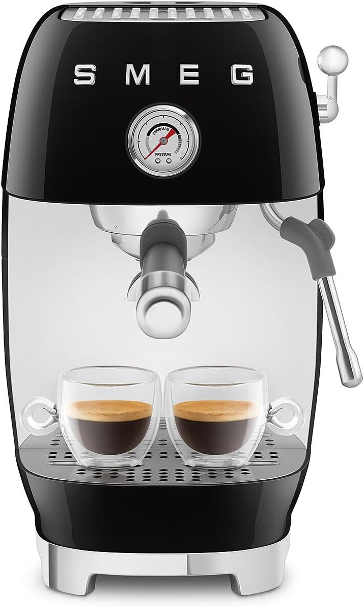 Smeg, ECF03BLEU Manuelle Espressomaschine, Thermoblock, Cold Brew, Dampfdüse und Manometer, 1,4 l Tank, 1650 W, Schwarz