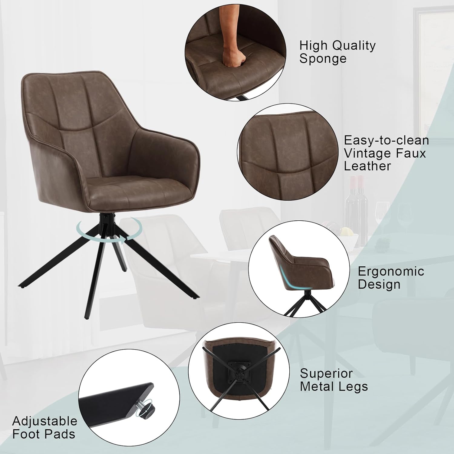 WOLTU Esszimmerstühle drehbar 2er Set, für Esszimmer Wohnzimmer Küche, Küchenstühle gepolstert mit Armlehnen, Metallbeinen, aus Vintage Kunstleder, Braun