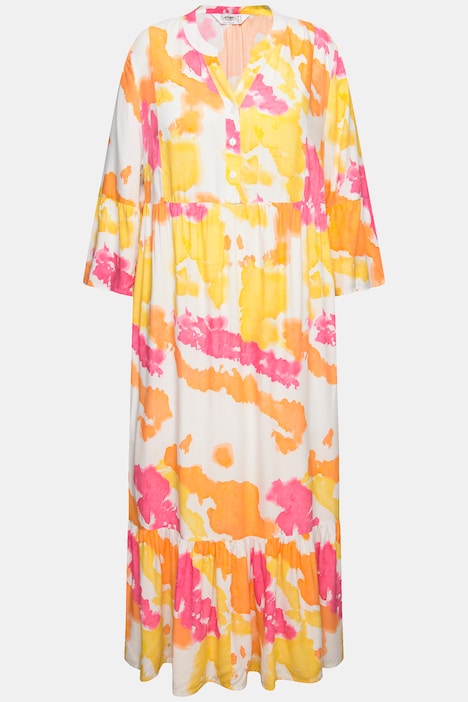 Maxikleid, Batik-Druck, Stehkragen, 3/4-Ärmel, Volants