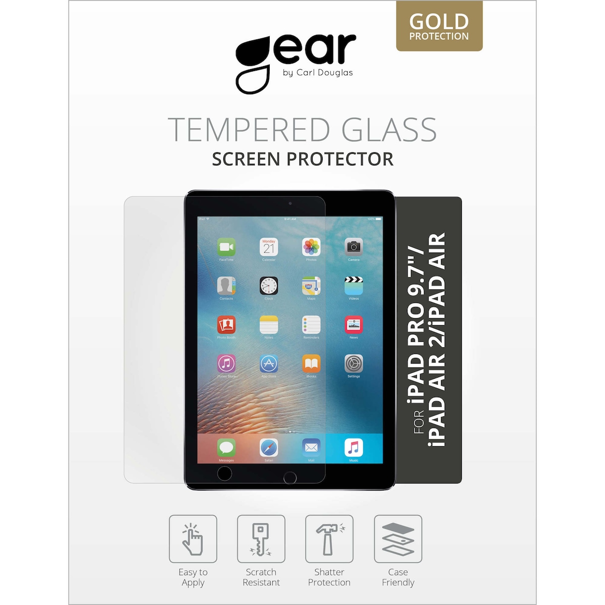 GEAR Herdet Glass 2.5D iPad 2017/2018/Air/Air2/New/Pro 9,7