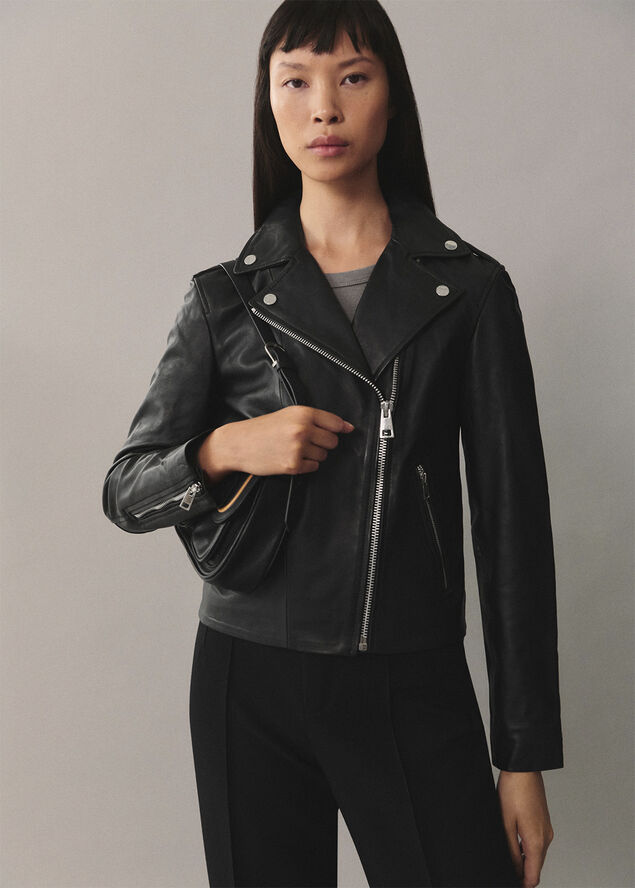 MANGO Leather biker jacket Black