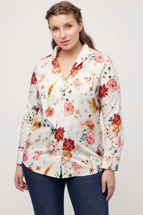 Bluse, Blumen, Kelchkragen, V-Ausschnitt, Langarm