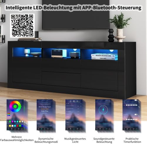 Merax TV Schrank Lowboard 160 cm mit Hochglanz-Optik, LED-Beleuchtung, Push-to-Open Schubladen, 3 offene Fächer & Stauraum für TV bis 70 Zoll – Modernes Wohnzimmer Möbel
